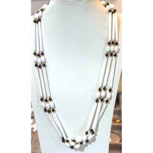 White Black Mod Long Skinny Bead Multi Layer Strand Necklace
